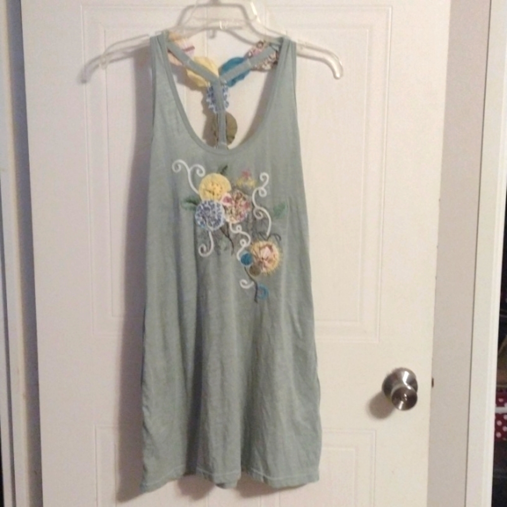 DejaVu halter T-shirt dress with floral embroidery women's size L seafoam green